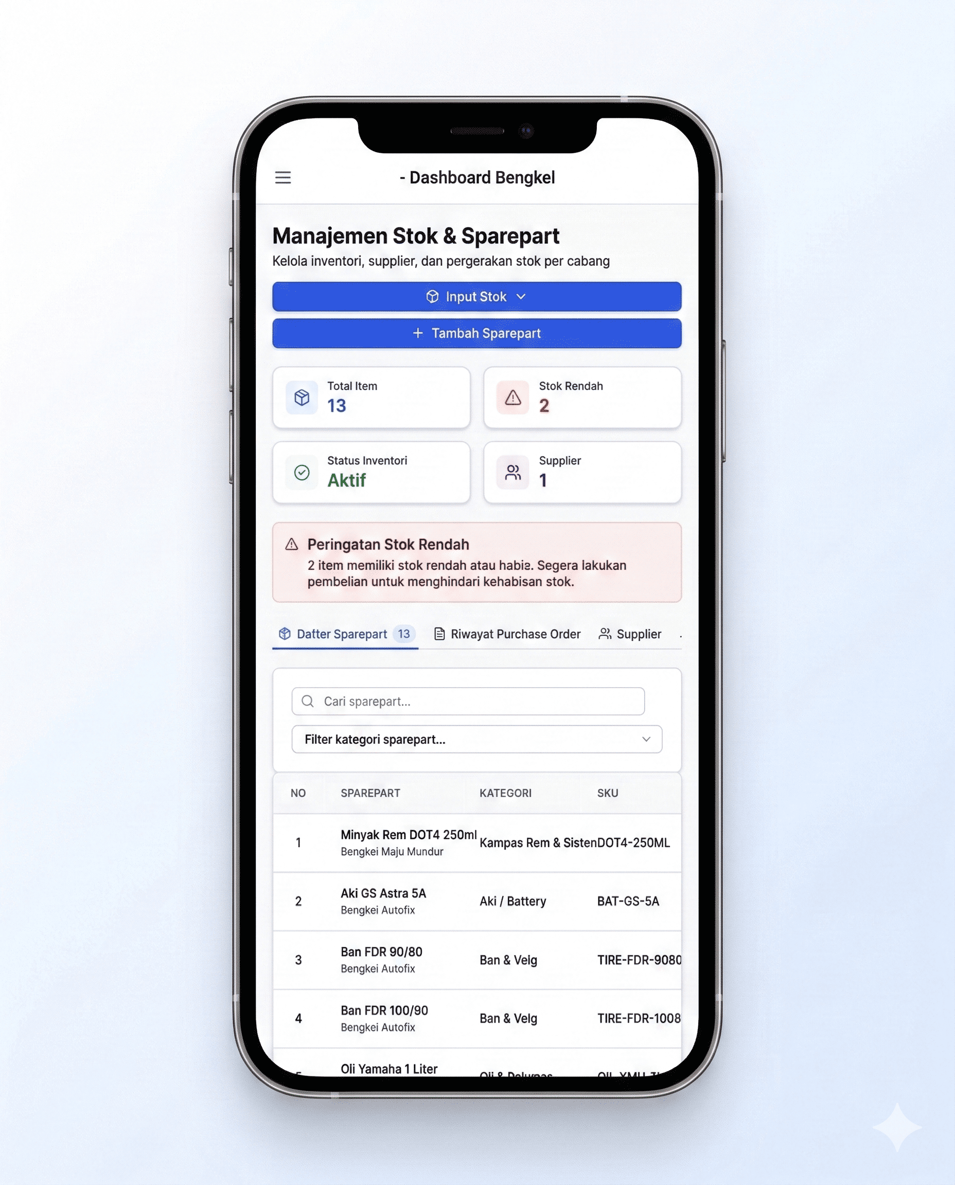 Dashboard tuneup - Manajemen Stok & Sparepart